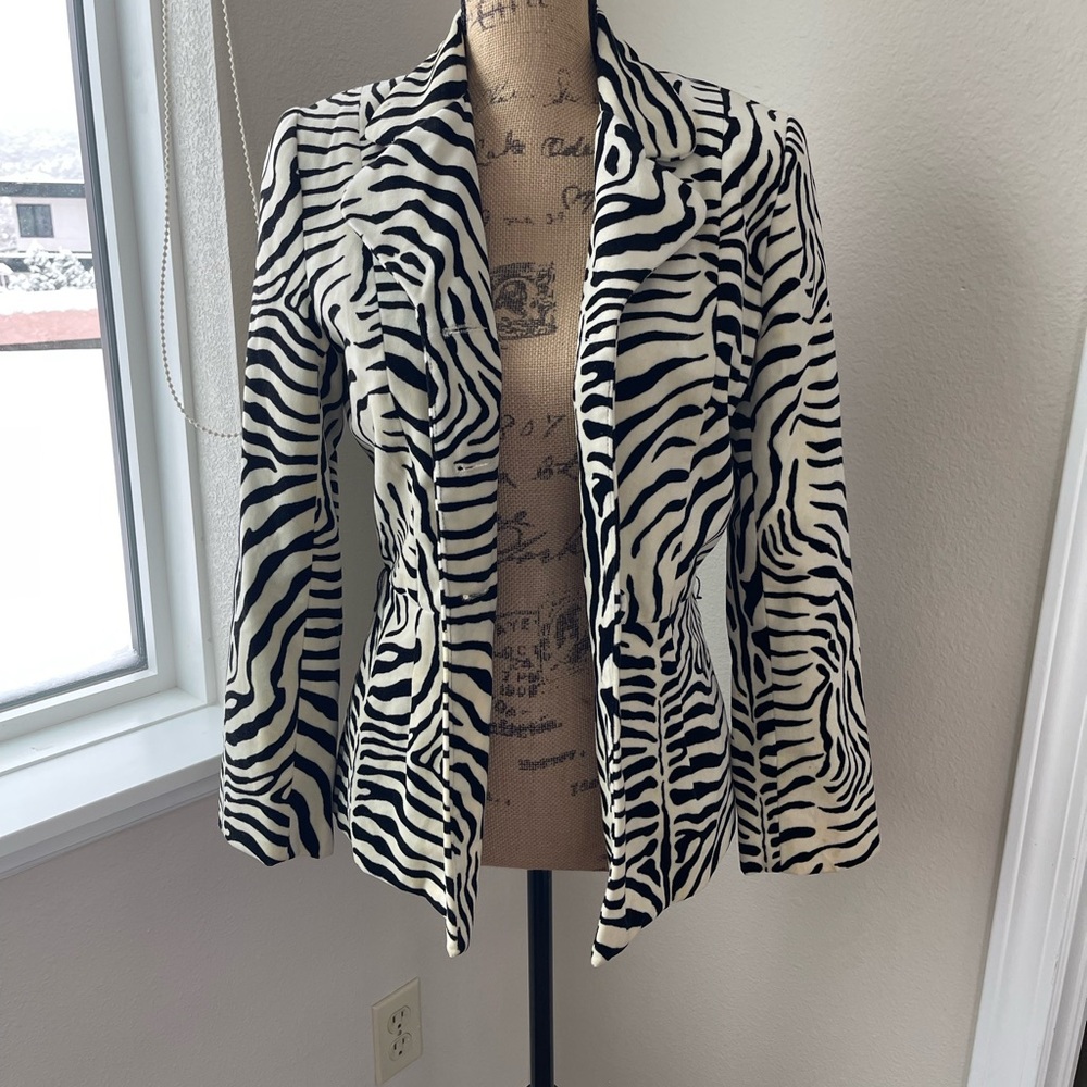 Zebra Print Women's Blazer Jacket - Black & White Velvet Feel - Picture 2 of 11